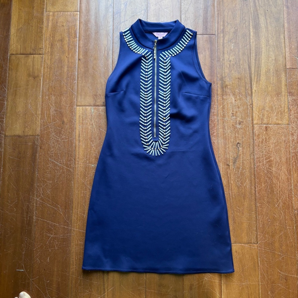 Lilly Pulitzer Opal Shift Scuba Dress Navy Blue Beaded Zip‎ Up XSmall